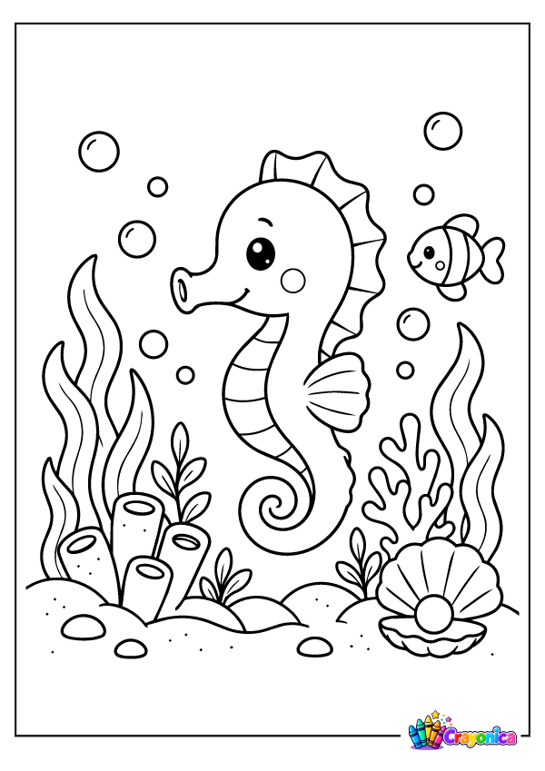 Cute seahorse swimming underwater with seaweed, coral, bubbles, and shells coloring page