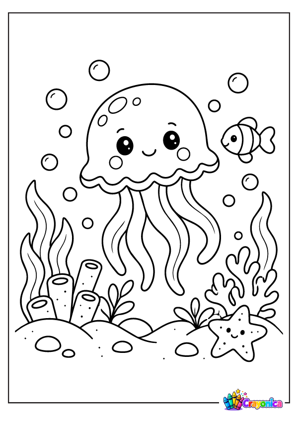 Cute jellyfish swimming underwater with fish, seaweed, coral, and bubbles coloring page