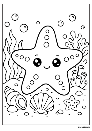 Cute starfish coloring page with a smiling starfish on the ocean floor