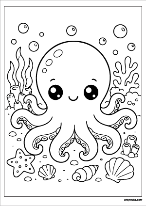 Cute octopus coloring page with a smiling octopus underwater