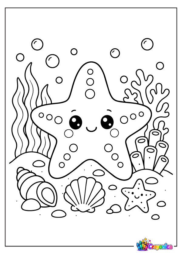Cute starfish underwater with shells, coral, seaweed, and bubbles coloring page