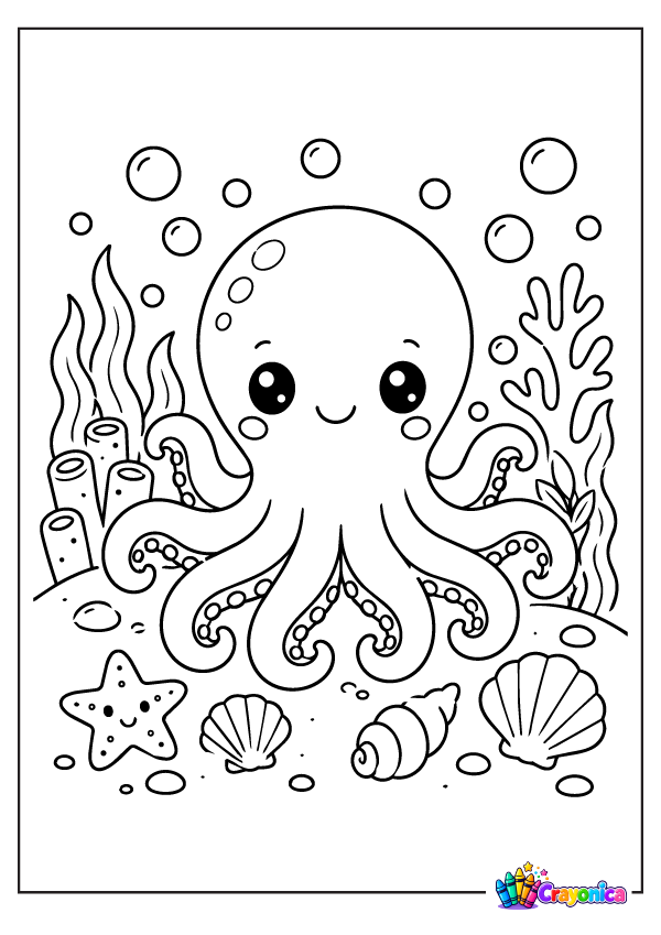Cute octopus underwater with seaweed, coral, shells, and bubbles coloring page