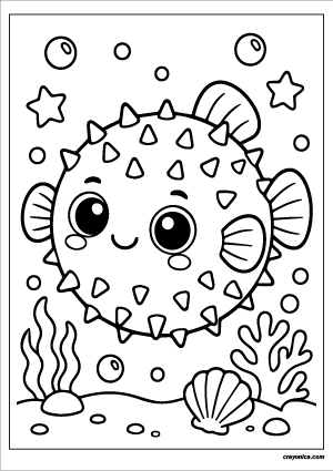 Cute pufferfish coloring page with a smiling pufferfish underwater