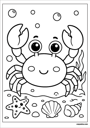 Cute crab coloring page with a smiling crab on the ocean floor