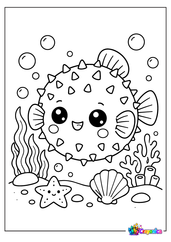 Cute pufferfish with spikes swimming underwater with shells, coral, seaweed, and bubbles coloring page