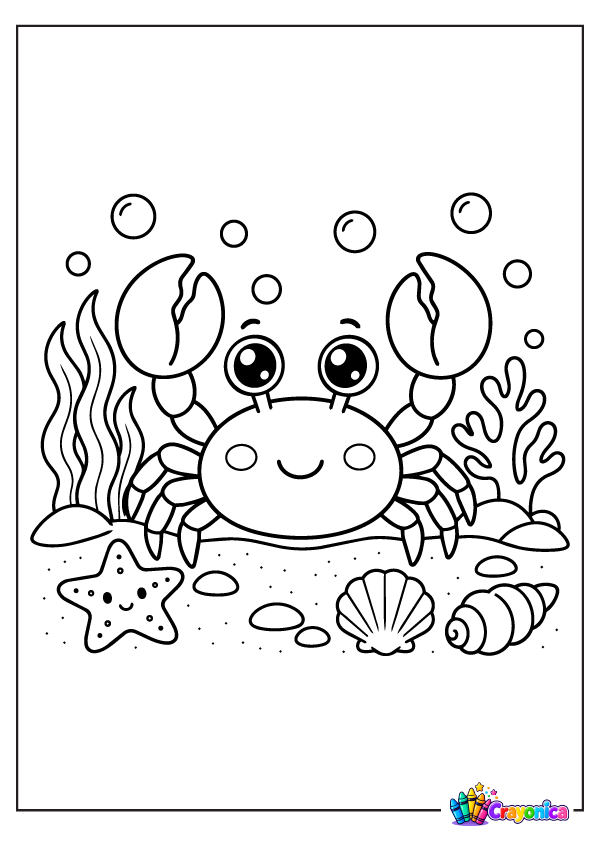 Cute crab underwater with shells, seaweed, bubbles, and starfish coloring page