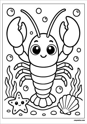 Cute lobster coloring page with a smiling lobster underwater