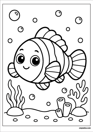 Cute clownfish coloring page with a smiling clownfish swimming underwater