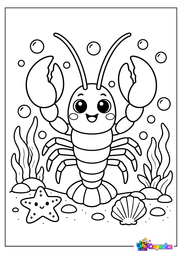 Cute lobster with big claws surrounded by seaweed, shells, and bubbles coloring page