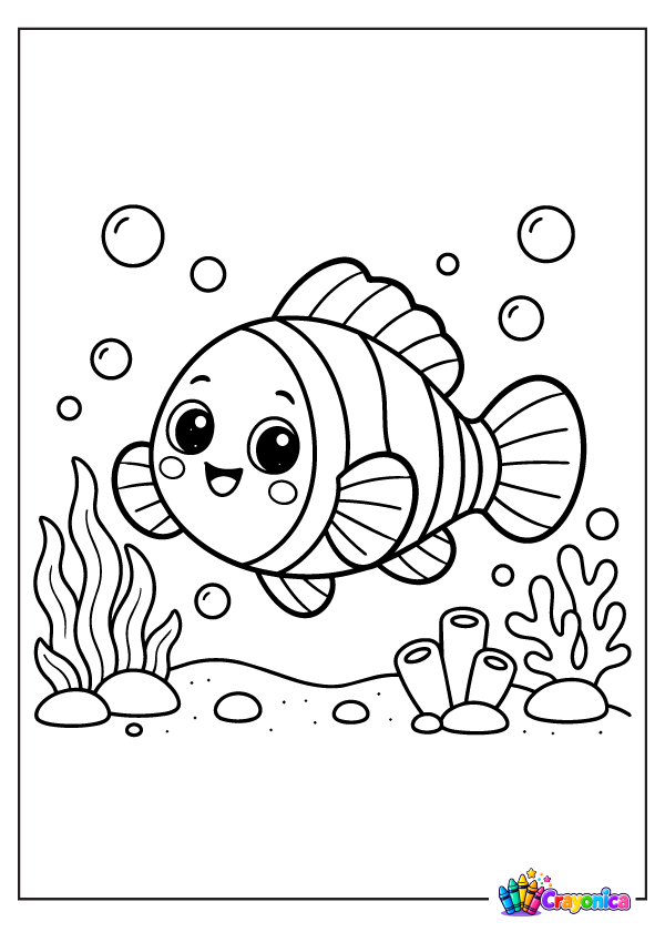 Cute clownfish swimming underwater with sea plants and bubbles coloring page