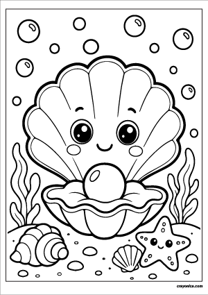 Cute seashell coloring page with a smiling seashell on the ocean floor