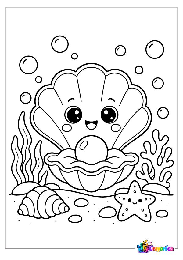 Cute seashell with a pearl surrounded by bubbles, seaweed, rocks, and starfish coloring page