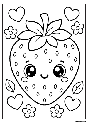 Cute strawberry coloring page with smiling kawaii strawberry in simple cartoon style