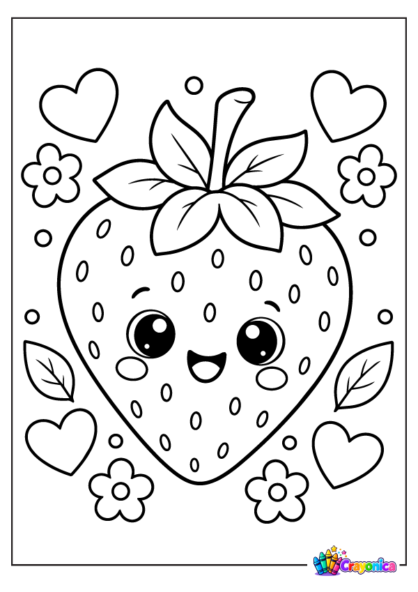 Cute smiling strawberry with leaves, flowers, and hearts coloring page