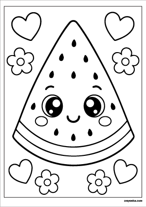 Cute watermelon coloring page with smiling kawaii watermelon slice in simple cartoon style