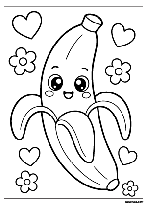 Cute banana coloring page with smiling kawaii banana in simple cartoon style