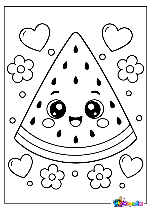 Cute smiling watermelon slice with seeds, flowers, and hearts coloring page