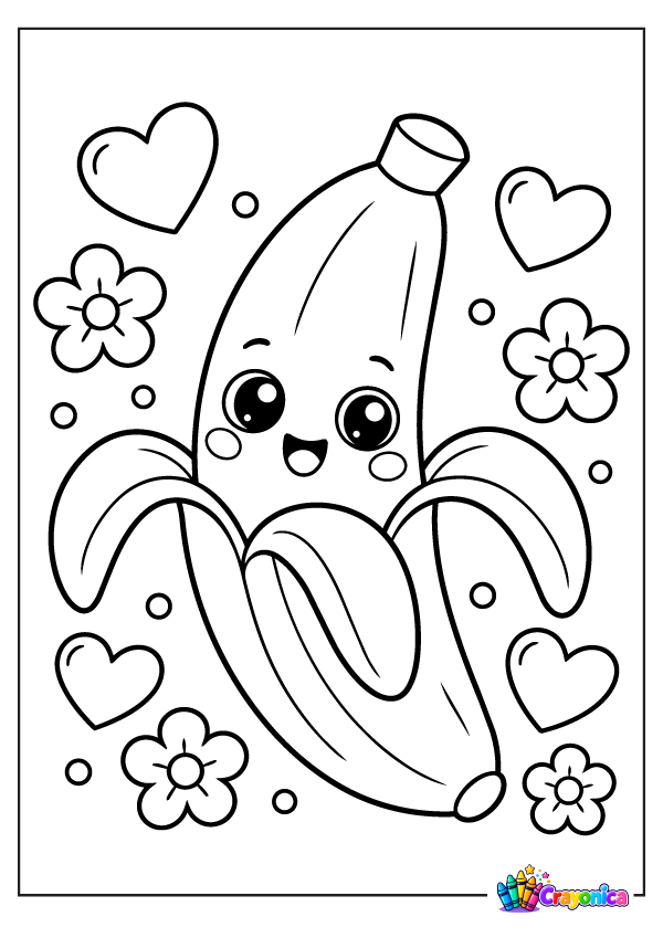 Cute smiling banana surrounded by flowers and hearts coloring page