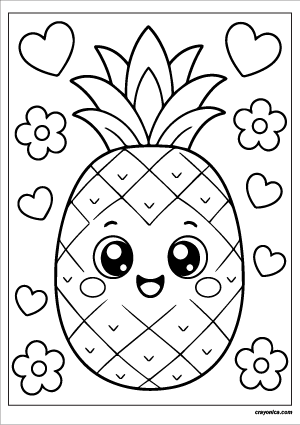 Cute pineapple coloring page with smiling kawaii pineapple in simple cartoon style
