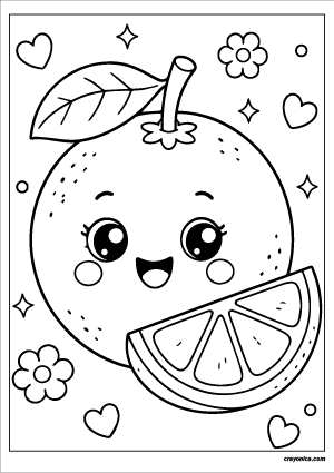 Cute orange coloring page with smiling kawaii orange and orange slice in simple cartoon style