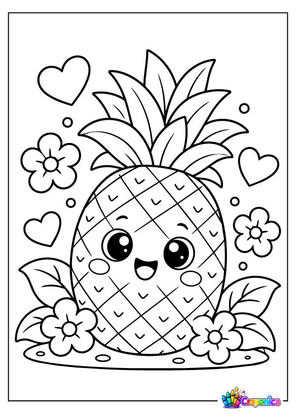Cute smiling pineapple with leafy top, flowers, and hearts coloring page