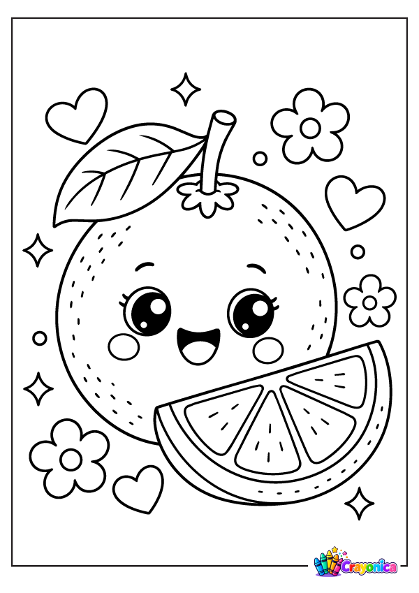 Cute smiling orange with leafy stem and orange slice coloring page
