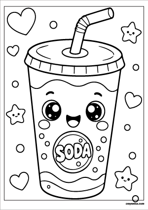 Cute soda coloring page with smiling kawaii soda cup and straw in simple cartoon style
