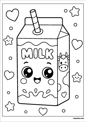 Cute milk coloring page with smiling kawaii milk carton in simple cartoon style