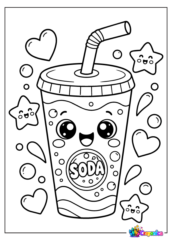 Cute smiling soda cup with straw and bubbles coloring page for kids