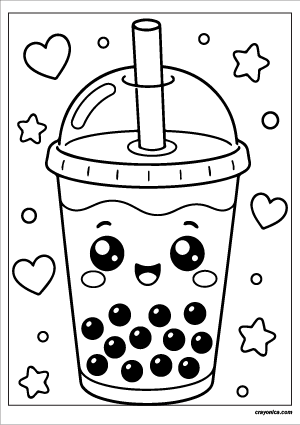 Cute bubble tea coloring page with smiling kawaii boba drink in simple cartoon style