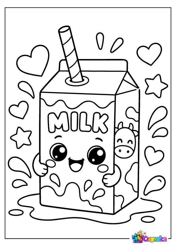 Cute smiling milk carton with a straw and playful details coloring page for kids