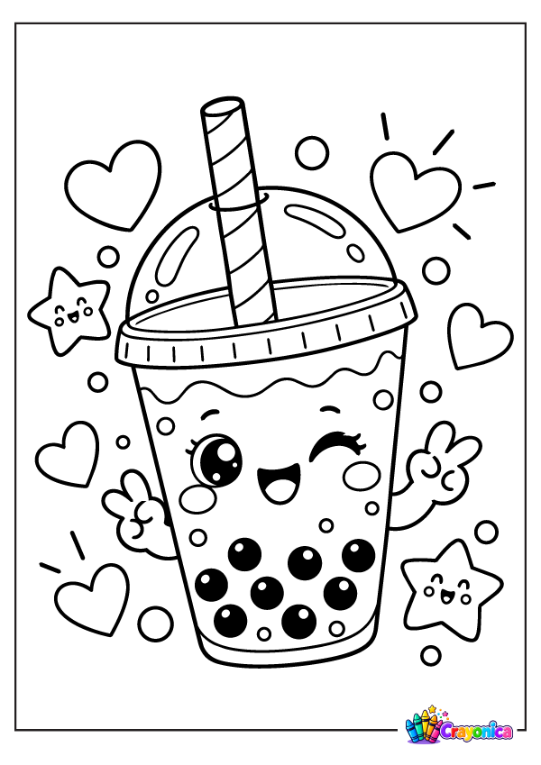 Cute bubble tea cup with straw and tapioca pearls surrounded by hearts and stars coloring page