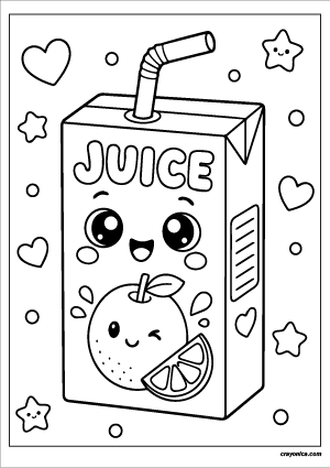 Cute juice box coloring page with smiling kawaii juice carton and straw in simple cartoon style