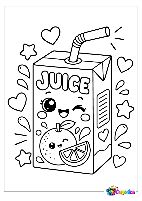 Cute smiling juice box with straw and fruit slice coloring page