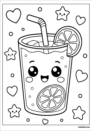 Cute lemonade coloring page with smiling kawaii lemonade cup and lemon slice in simple cartoon style