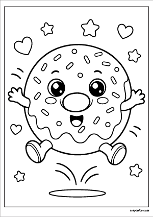 Jumping donut coloring page with happy kawaii donut character and sprinkles