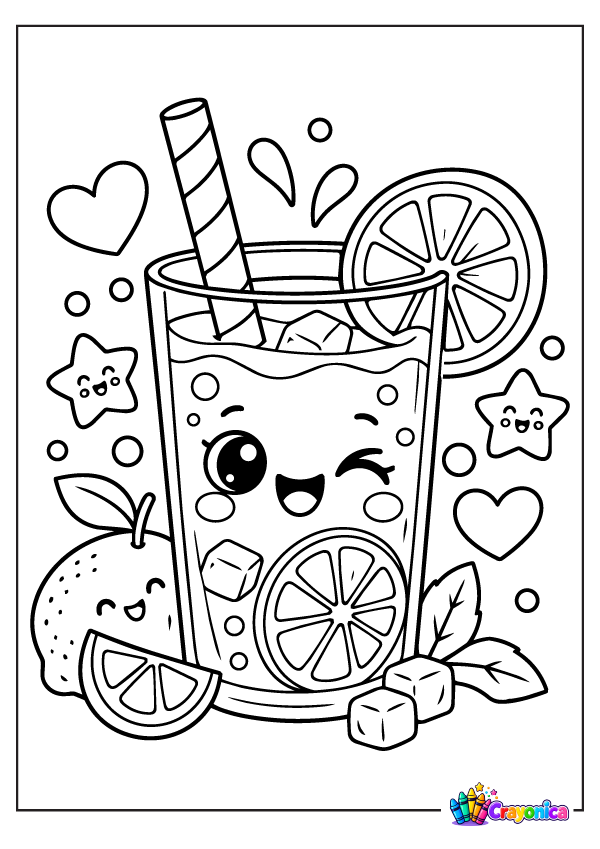 Cute smiling lemonade glass with lemon slices and straw coloring page