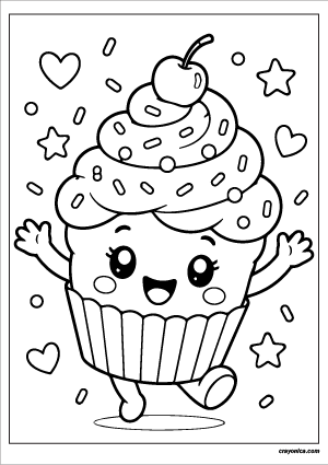Happy cupcake coloring page with smiling kawaii cupcake and frosting in simple cartoon style
