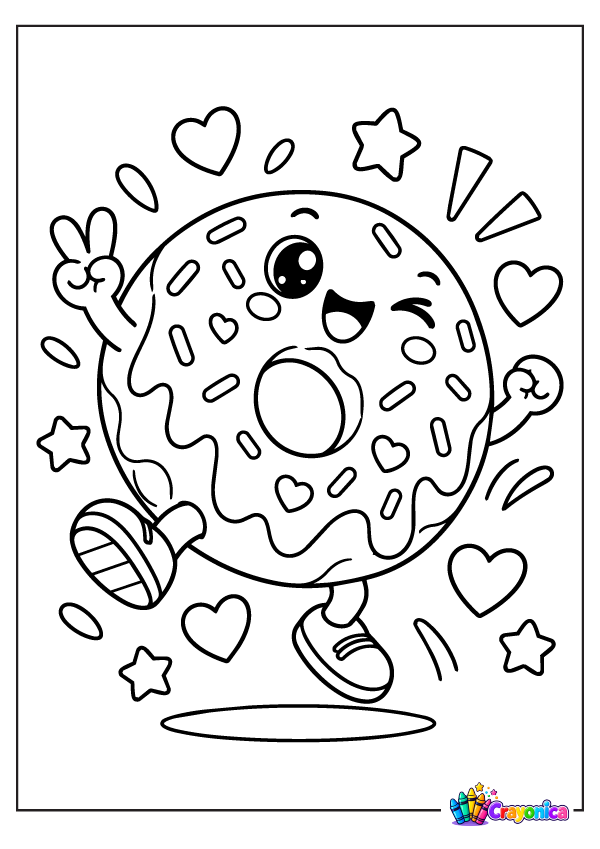 Cute jumping donut with sprinkles, arms, and legs coloring page
