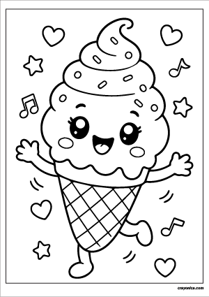 Dancing ice cream coloring page with happy kawaii ice cream cone character