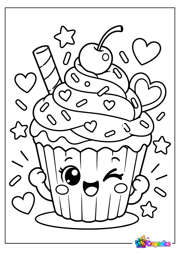 Happy cupcake with frosting, sprinkles, cherry, hearts, and stars coloring page