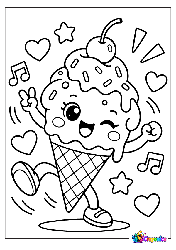 Cute dancing ice cream cone with music notes, hearts, and stars coloring page