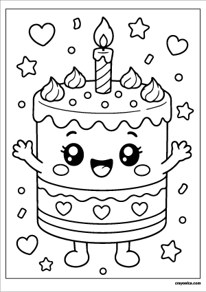 Cheerful birthday cake coloring page with happy kawaii cake character and candle