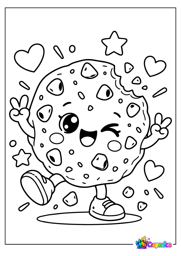 Smiling cookie with sprinkles, arms, legs, hearts, and stars coloring page