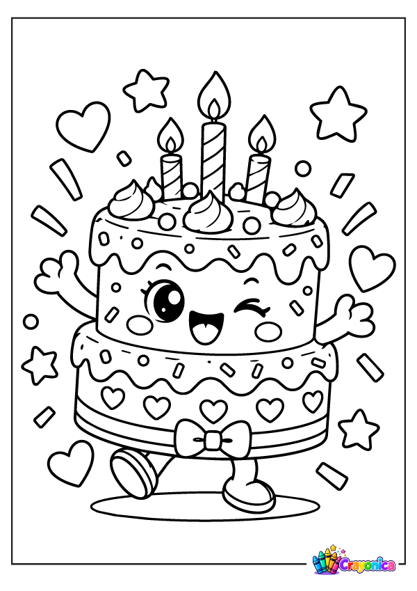 Cheerful birthday cake with candle, frosting, hearts, and stars coloring page