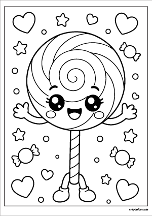 Happy lollipop coloring page with smiling kawaii lollipop character in simple cartoon style