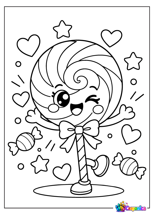 Happy lollipop with swirled candy, stick, hearts, and stars coloring page