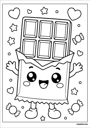 Sweet chocolate bar coloring page with happy kawaii chocolate character in simple cartoon style