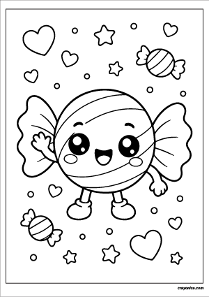 Cute candy coloring page with smiling kawaii wrapped candy character