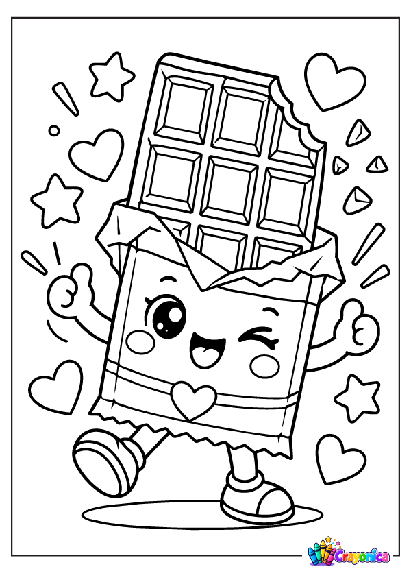 Sweet smiling chocolate bar with hearts, stars, and candy details coloring page